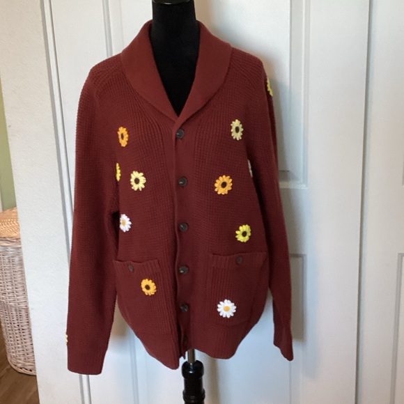 Duluth Trading Co Sweaters - Duluth Rust Brown Floral Appliqué Cardigan Sweater L